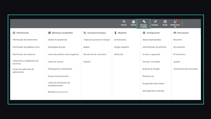 interfaz Google Ads para configurar anuncios desde Herramientas y Configuración